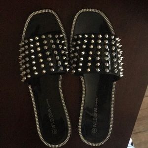 Flat sandals, Black PVC with mini spikes